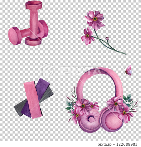 Seamless cute pattern with pink headphones, flowers, dumbbells, rubber bands. Women fitness sport watercolor illustration. Isolated from the background. For packaging, wrapping paper, merch, postcard 122688983