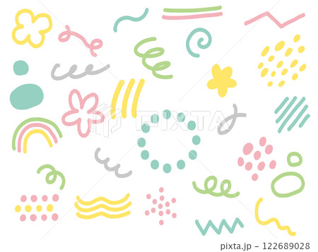 明るい春の色を使った落書きのデコレーションアイテム　ポップで楽しいイラスト素材 122689028