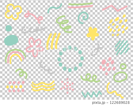 明るい春の色を使った落書きのデコレーションアイテム　ポップで楽しいイラスト素材 122689028