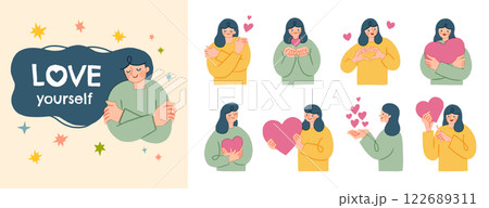 Love yourself 自分を大切にする女性のイラストセット Love yourself 自分を大切にする女性のイラストセット 122689311