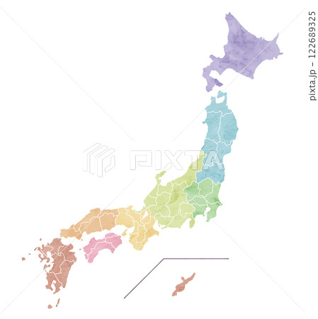 カラフルな水彩風の日本地図のイラスト 122689325