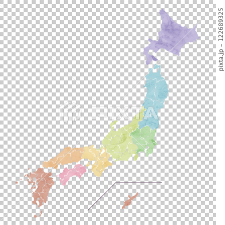 カラフルな水彩風の日本地図のイラスト 122689325