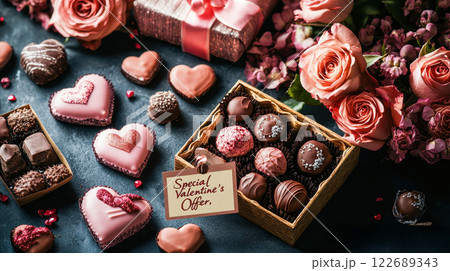 A vibrant composition featuring pink roses, heart-shaped chocolates, and scattered heart decorations surrounding a Special Valentine Offer sign on a turquoise background, evoking romance and elegance. 122689343