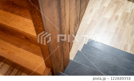 Contrast of Wooden and Stone Staircase Design 122689358