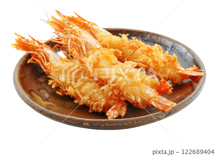 plate of tempura shrimp, isolated on a white background 122689404