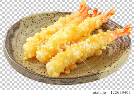 plate of tempura shrimp, isolated on a white background 122689405