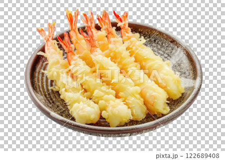 plate of tempura shrimp, isolated on a white background 122689408