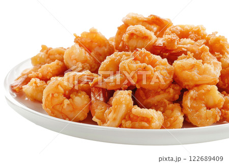 plate of tempura shrimp, isolated on a white background 122689409