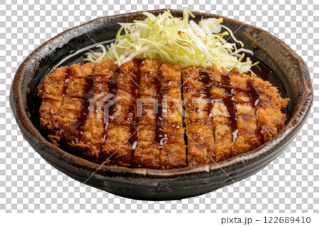 plate of tonkatsu with shredded cabbage, isolated background 122689410