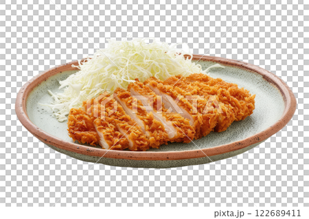 plate of tonkatsu with shredded cabbage, isolated background 122689411