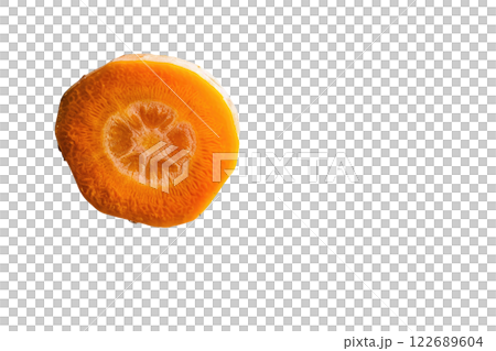 ripe slice of carrot floating, isolated background 122689604