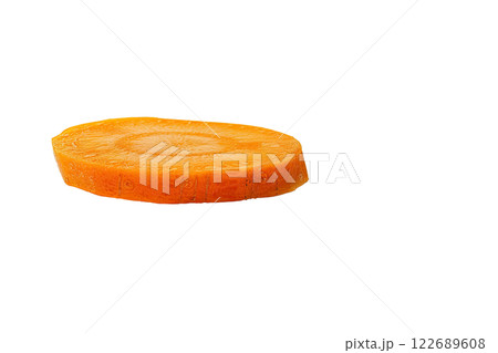 ripe slice of carrot floating, isolated background 122689608