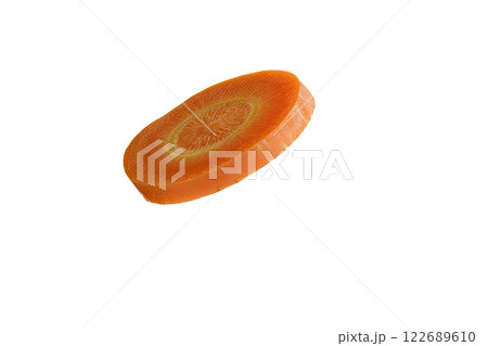 ripe slice of carrot floating, isolated background 122689610