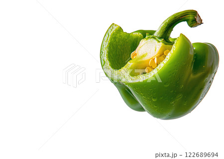ripe slice of green bell pepper floating, isolated background 122689694
