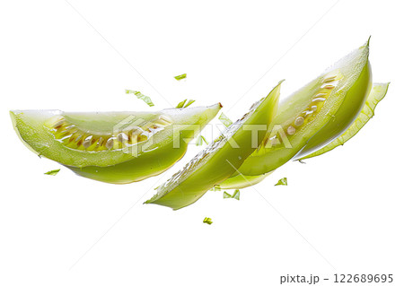 ripe slice of green bell pepper floating, isolated background 122689695