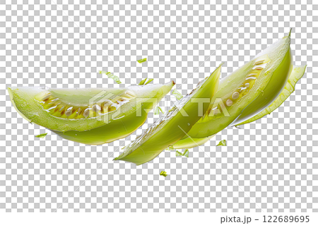 ripe slice of green bell pepper floating, isolated background 122689695