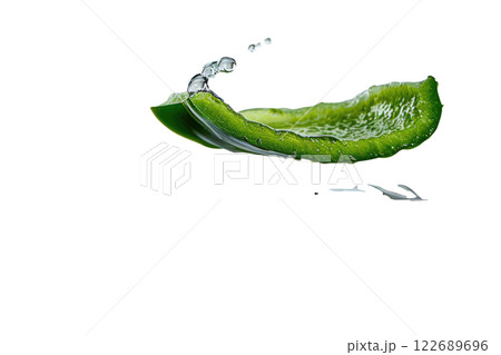 ripe slice of green bell pepper floating, isolated background 122689696