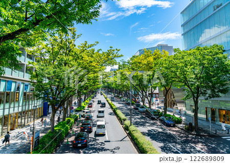 【東京都】爽やかな青空と街路樹が印象的な夏の表参道 122689809