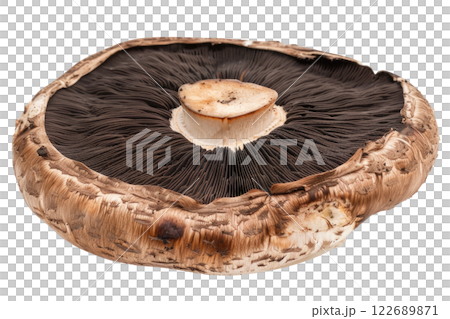 ripe slice of mushroom floating, isolated background 122689871