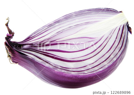 ripe slice of onion floating, isolated background 122689896