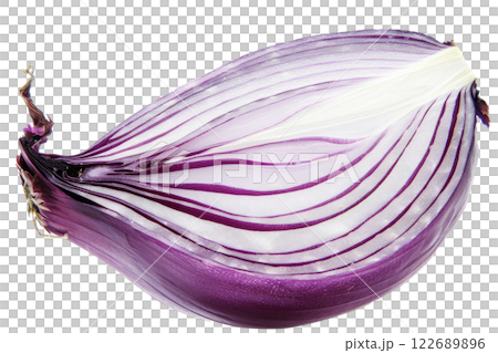 ripe slice of onion floating, isolated background 122689896