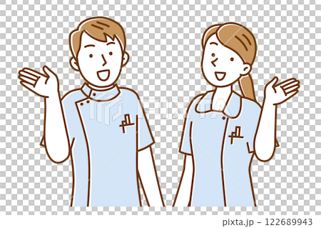 Illustration of a young male and female nurse raising their hands to guide Illustration of a young male and female nurse raising their hands to guide 122689943