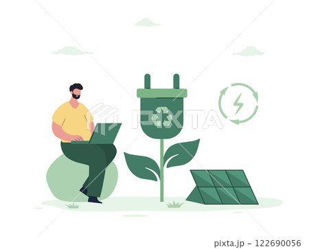 CO2 neutral. Sustainability concept. Solar panels. Low carbon and environmental responsibility. People live eco life. Alternative energy sources. Vector illustration in flat cartoon style CO2 neutral. Sustainability concept. Solar panels. Low carbon and environmental responsibility. People live eco life. Alternative energy sources. Vector illustration in flat cartoon style 122690056