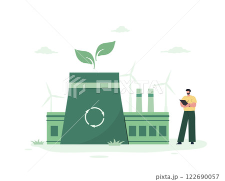 CO2 neutral. Green industrial factory with renewable energy. Low carbon and environmental responsibility concept. Net zero. Vector illustration in flat cartoon style 122690057
