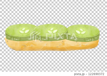 Watercolor Sandwich With Toasted Bread Piece With Three Slices Pickled Cucumber Textured Painting Illustration for Print, Web and Textile, Menu 122690372