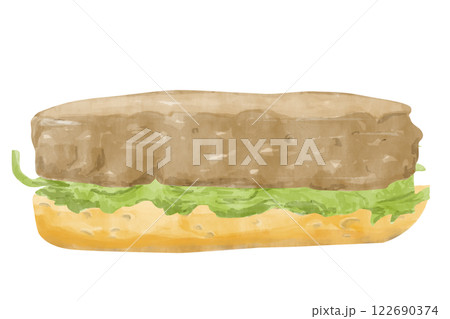 Watercolor Sandwich with Toasted Bread Piece, Lettuce Leaf, Fried Patty, Textured Painting Illustration for Print, Web and Textile, Menu	 122690374