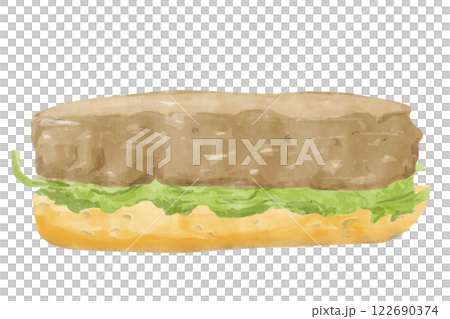 Watercolor Sandwich with Toasted Bread Piece, Lettuce Leaf, Fried Patty, Textured Painting Illustration for Print, Web and Textile, Menu	 122690374