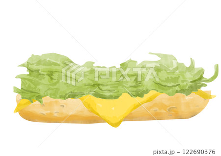Watercolor Sandwich with Toasted Bread Piece, with Cheddar Cheese Slice, Lettuce Leaf, Textured Painting Illustration for Print, Web and Textile, Menu 122690376