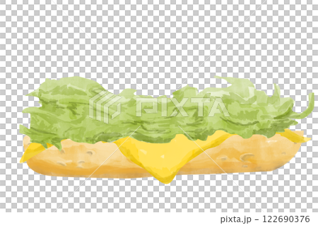 Watercolor Sandwich with Toasted Bread Piece, with Cheddar Cheese Slice, Lettuce Leaf, Textured Painting Illustration for Print, Web and Textile, Menu 122690376