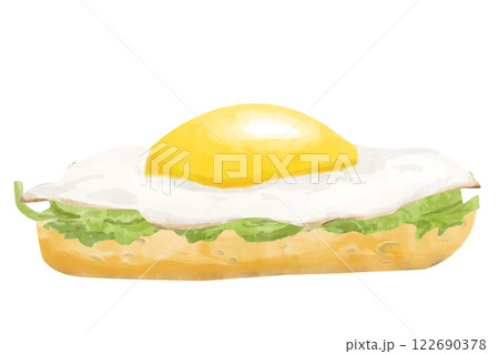 Watercolor Toasted Bagel with Egg and Salad, Hand Drawn Color Illustration for Print, Web and Textile	 122690378