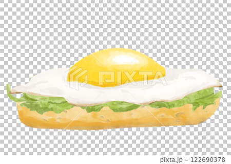 Watercolor Toasted Bagel with Egg and Salad, Hand Drawn Color Illustration for Print, Web and Textile	 122690378