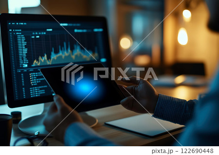 データ分析を行うビジネスマンとデジタルデバイス データ分析を行うビジネスマンとデジタルデバイス 122690448