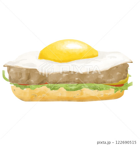 Watercolor Bagel with Salad, Mustard, Cutlet and Fried Egg, Hand Drawn Color Illustration for Print, Web and Textile	 122690515