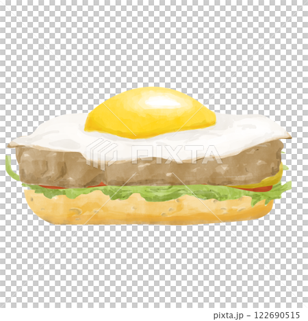 Watercolor Bagel with Salad, Mustard, Cutlet and Fried Egg, Hand Drawn Color Illustration for Print, Web and Textile	 122690515