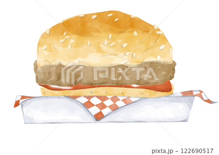 Illustration Watercolor White Container with Napkin, Burger with Patty, Lettuce and Ketchup, Clipart for Print, Web and Textile	 122690517