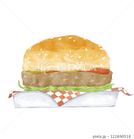 Illustration Watercolor White Container with Napkin, Burger with Patty, Lettuce and Ketchup, Clipart for Print, Web and Textile	 122690518