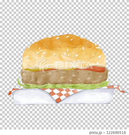 Illustration Watercolor White Container with Napkin, Burger with Patty, Lettuce and Ketchup, Clipart for Print, Web and Textile	 122690518