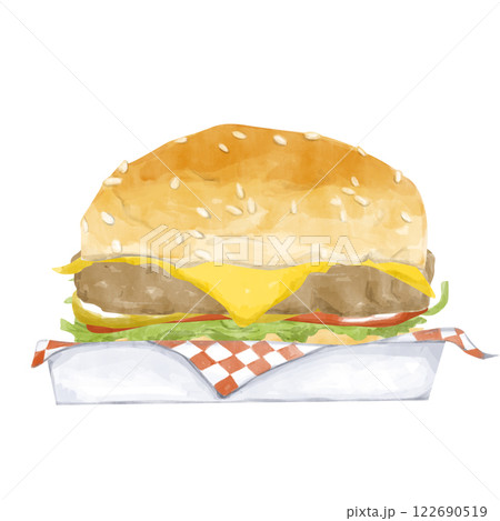 Watercolor Cheeseburger in Container Illustration, Clipart for Menu Design, Print, Web and Textiles	 122690519