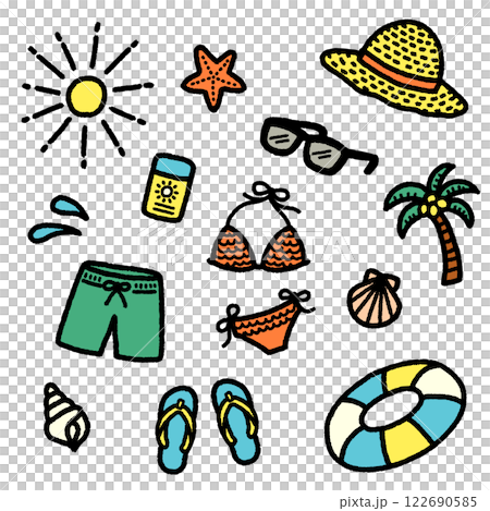 夏季海灘暑假手寫彩色圖示插畫集 122690585