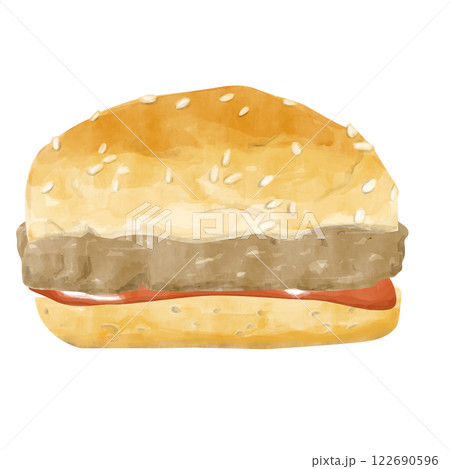 Watercolor Burger with Sesame Bun, Patty and Strawberry Jam, Hand Drawn Color Illustration for Print, Web and Textile 122690596