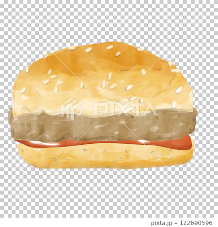 Watercolor Burger with Sesame Bun, Patty and Strawberry Jam, Hand Drawn Color Illustration for Print, Web and Textile Watercolor Burger with Sesame Bun, Patty and Strawberry Jam, Hand Drawn Color Illustration for Print, Web and Textile 122690596