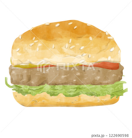 Watercolor Burger with Toasted Bun, Sesame Seed, Patty, Iceberg Lettuce and Ketchup, Hand Drawn Color Illustration for Print, Web and Textile Watercolor Burger with Toasted Bun, Sesame Seed, Patty, Iceberg Lettuce and Ketchup, Hand Drawn Color Illustration for Print, Web and Textile 122690598