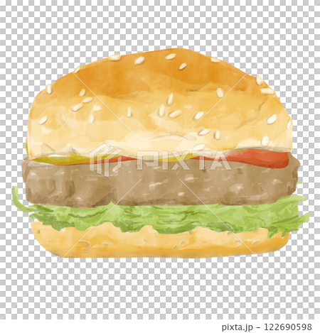 Watercolor Burger with Toasted Bun, Sesame Seed, Patty, Iceberg Lettuce and Ketchup, Hand Drawn Color Illustration for Print, Web and Textile Watercolor Burger with Toasted Bun, Sesame Seed, Patty, Iceberg Lettuce and Ketchup, Hand Drawn Color Illustration for Print, Web and Textile 122690598