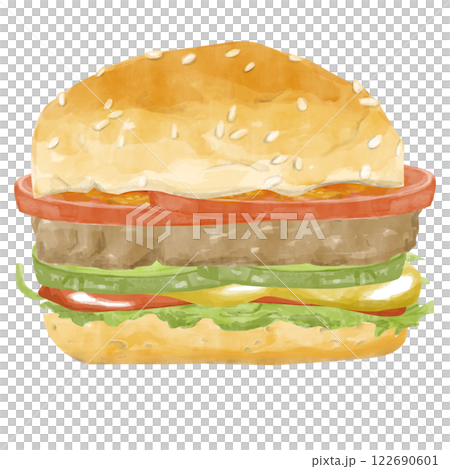 Watercolor Burger with Bun, Lettuce Leaves, Ketchup, Mustard, Pickles, Patty, Tomato Slices, Hand Drawn Color Illustration for Print, Web and Textile Watercolor Burger with Bun, Lettuce Leaves, Ketchup, Mustard, Pickles, Patty, Tomato Slices, Hand Drawn Color Illustration for Print, Web and Textile 122690601