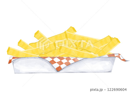 Watercolor French Fries in Cardboard Container with White and Red Napkin, Hand Drawn Color Illustration for Print, Web and Textile	 122690604