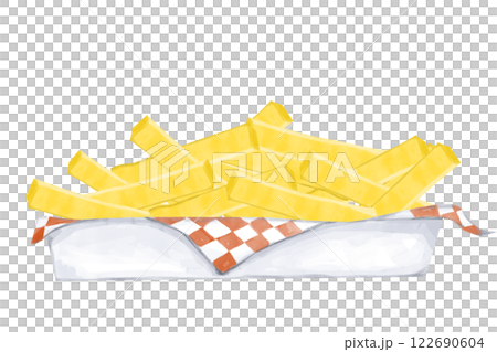 Watercolor French Fries in Cardboard Container with White and Red Napkin, Hand Drawn Color Illustration for Print, Web and Textile	 122690604